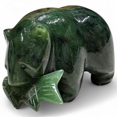 Sale Photo Thumbnail #69: Carved Green Nephrite Jade Grizzly Bear Holding Fish