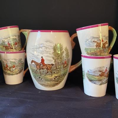 Copeland Spode England J.F Herring. Sen Series Red Rim Water Jug And Mugs