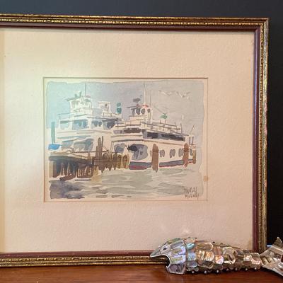 Charles Mulvey Watercolor Painting With Mother Of Pearl Fish Bottle Opener