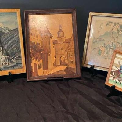 Framed Vintage Wood Inlay With Hand Painted Asian Artwork