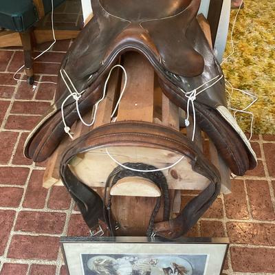 Leather Horse Saddle & Stand With Horse Belts & Diana Denslow Framed Art