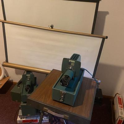  Two Vintage Argus Slide Projectors, Two Screens, Table, History Of Slides & Slide Containers