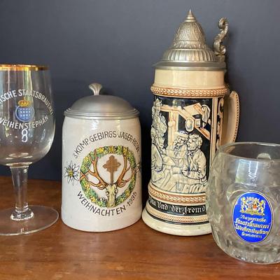 Vintage Beer Steins With German Glassware 