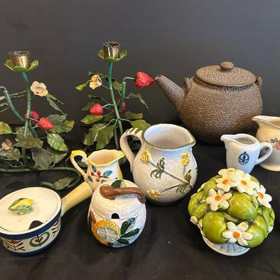 Pair Of Strawberry Italian Toleware Candler Holders With Vintage Japanese Jakatsu Teapot And More  