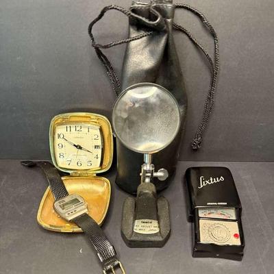 Vintage German "Original Gossen" Sixtus Light Meter #69516, Tasco Magnifier, Westclox Clock & Watch