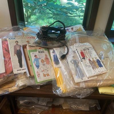 Vintage Vogue, Butterick, Simplicity Patterns With Fabric & Old GE Iron