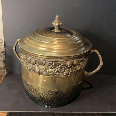 Brass Lidded Pot With Fruit Design And Large Round Brass Serving Tray