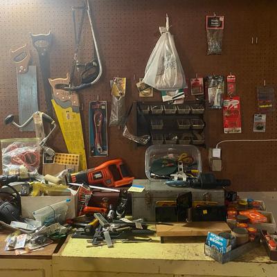Mystery Lot Of Hand Tools & Accessories Including Black & Decker Drill & Saw