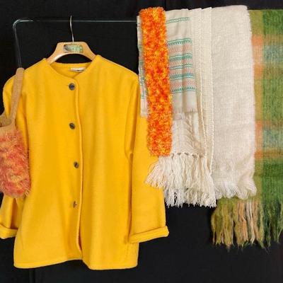 Vintage Aqua Sheen Fleece Jacket With Wool Scarves and Purse