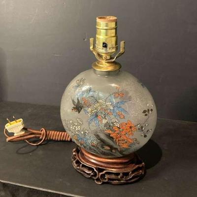 Vintage Asian Art Lamp With Floral And Bird Design