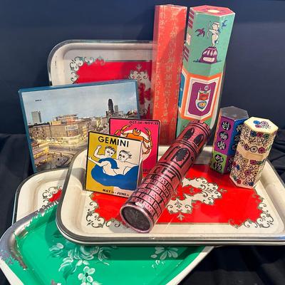 8 Vintage Metal Rolling Trays With Collection Of Matches 