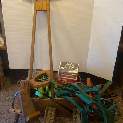 Vintage Folding Boot Jack, Box Of Horse Harnesses, Leads & Boot Cleaner 