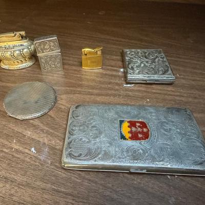 Vintage Silver Plated Cigarette Cases, Lighters, And Powder Compact