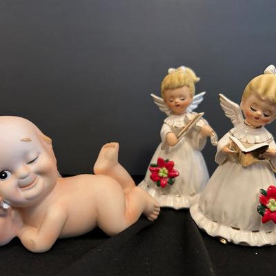 Lefton Kewpie Cupie Doll Porcleian Bisque Figure With Vintage Choir Christmas Angel Figurines  