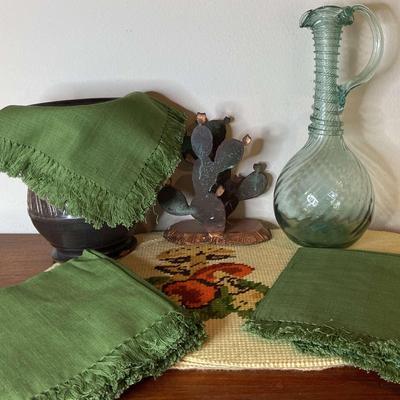 Mushroom Placemats, Dinner Napkins, Glass Water Pitcher And Pottery Vase 