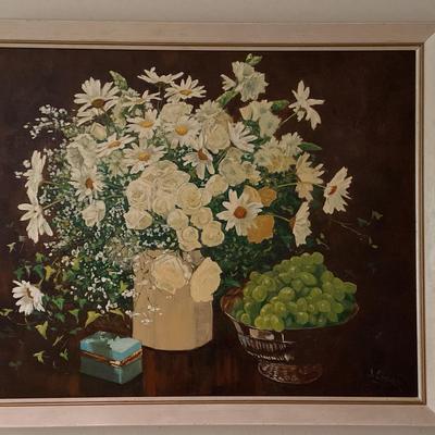 Framed Canvas Floral And Grape Acrylic Painting 