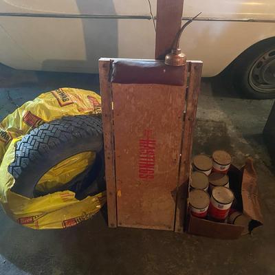 Vintage Oil Can, Studded Tires, Box Of Car Oil & Creeper