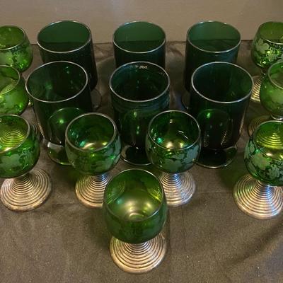 Vintage Emerald Green Glasses & French Art Nouveau Green Goblets