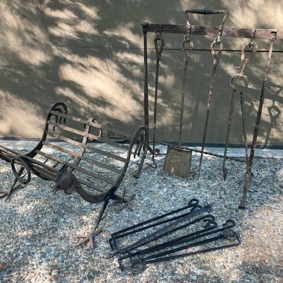 MCM Cast Iron Rooster Fire Wood Holder And Fireplace Toolset