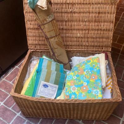 Large Wicker Trunk Full Of Vintage Fabric In Many Different Textures