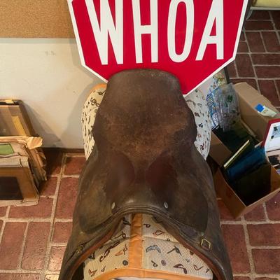 Vintage Leather Saddle & Stand, Harness, New Bell Boots & Whoa Sign