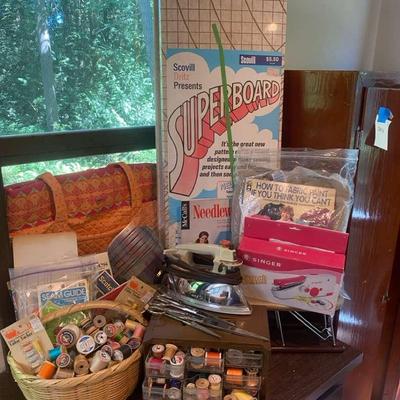 Vintage Sewing Thread, Scissors, Sunbeam Iron & More