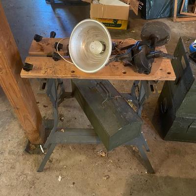 Vintage Work Bench, Grinder, Tool Box & Work Light
