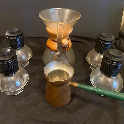 Vintage Coffee Pot With 4 Glass Hottles And Traditional Copper Pot
