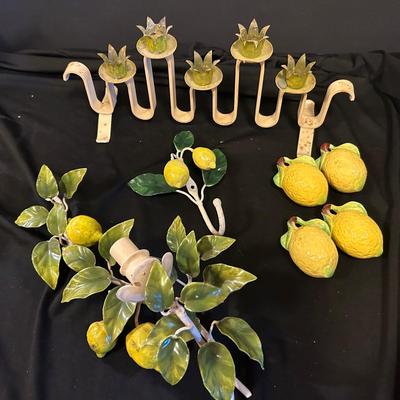 Vintage Lemon Decor Featuring Candlestick Holder, Salt And Pepper Shakers, And Wall Hook