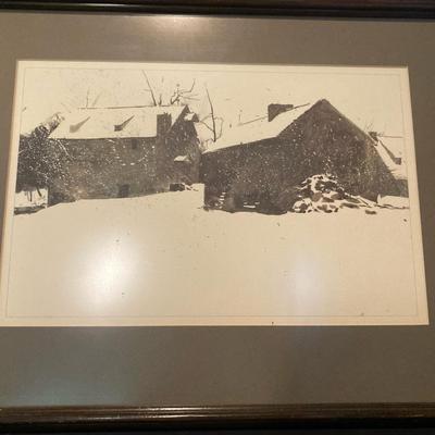 Snowy Winter Homes Framed Watercolor Painting