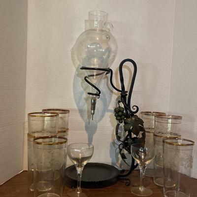 Vintage Wrought Iron Wine Decanter With Bartlett Collin’s Frosted Grape Vine Glassware