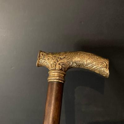 Antique Gold Plated Repousse Handle Walking Cane