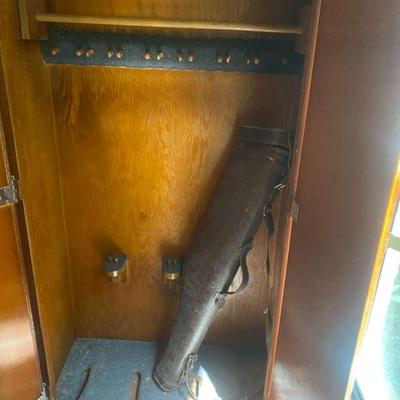 Wooden Gun Cabinet With Vintage Hard Leather Rifle Case