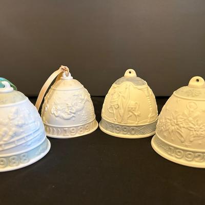Four LLADRÓ Porcelain Christmas Collectible Bells: 1988, 1989, 1990, 1992