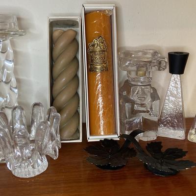 Vintage Colonial Pillar Candles With Glass Candle Holders