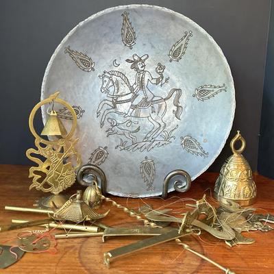 Vintage Metal Plate With Brass Bells, Candle Snuffer And Two Wind chimes