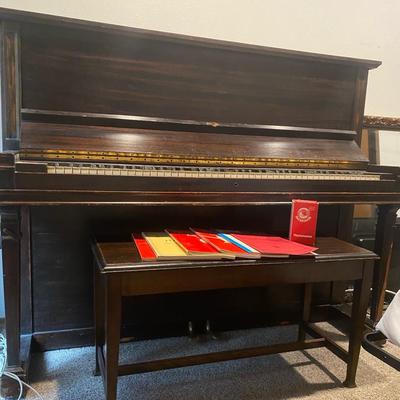 Antique Mahagony Piano With Ivory Keys & Bench, Includes Vintage Music Books