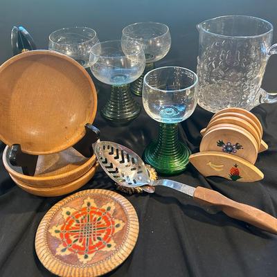 Vintage German Romer Glasses With Japanese Wooden Bowls, Vintage Fruit Coasters, & Floral Pitcher