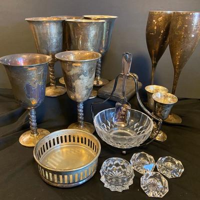 Val St Lambert Crystal Condiment Dish With Silver Plated Serving Ware, Flask, Ashtray, And More