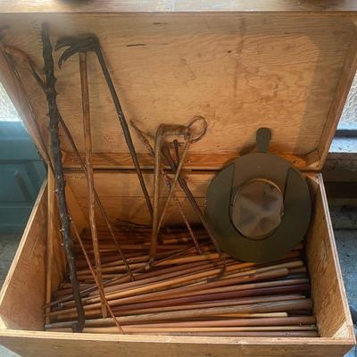 Vintage Trooper Hat With Handle, Wooden Trunk & Assortment Of Walking Sticks