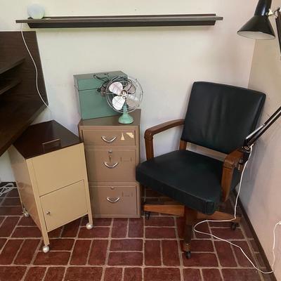 Mid Century Modern Desk Chair, Metal Filing Cabinets, Sears Fan & Lamp