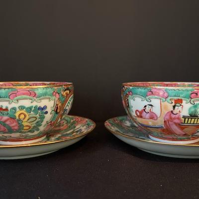 2 Antique Famille Rose Medellion Tea Cups