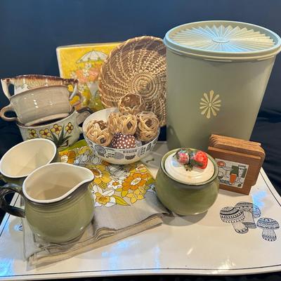 Kaj Franck Enamel Mushroom Bowl And Placemats With Vintage Tupperware, Cloth Napkins, And Pottery