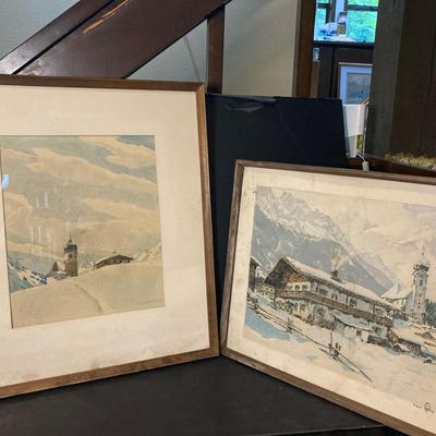 Pair Of Alpine Winter Scenes And Snowy Mountain Villages