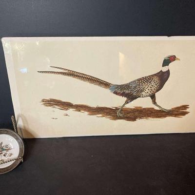 Pheasant Watercolor Print With Pheasant Ceramic And Metal Bowl