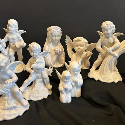 Ardalt Japan Virgin Mary And Angel Bisque Figurines With Dresden Germany Porcelain Angels