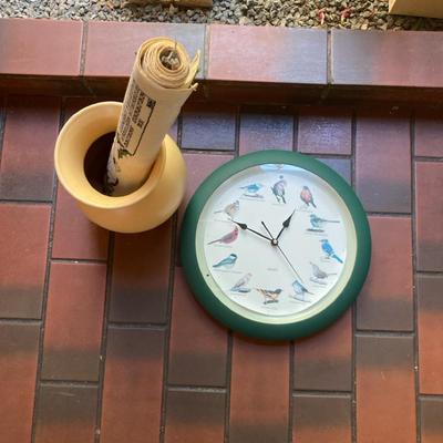Vintage Bird Clock With Cloth Wall Calendars And A Ceramic Bowl From Portugal