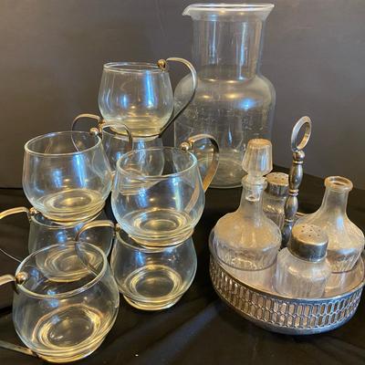 1940’s Cruet Set And MCM Glassware With Silver Plated Handles And Pitcher 