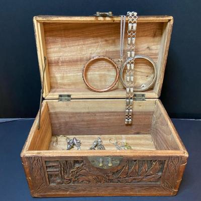 Vintage Costume Jewelry Collection In Hand carved Box