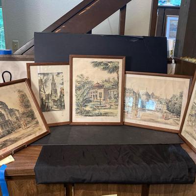 Vintage European Architecture And Cityscape Handcolored Etching Lithographs